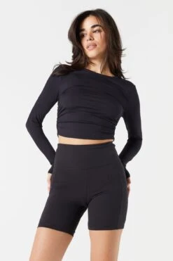 Side Cinched Long Sleeve Top -Deals Drape & Denim Store 078603036836 01